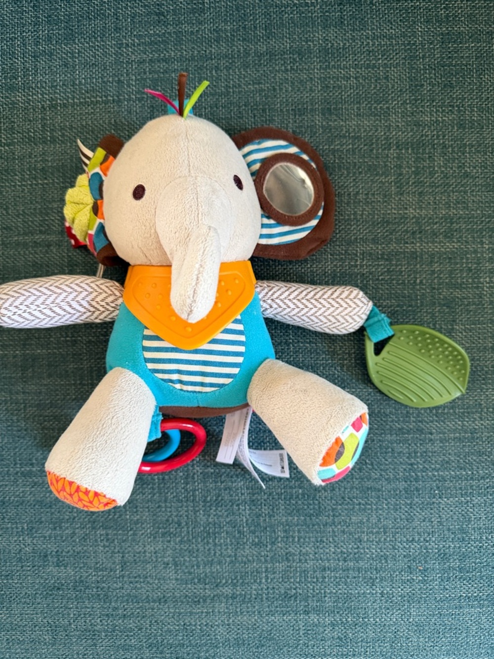 Plush Elephant Sensory Toy in Teal and Beige - Multi-Textured Baby Activity Toy